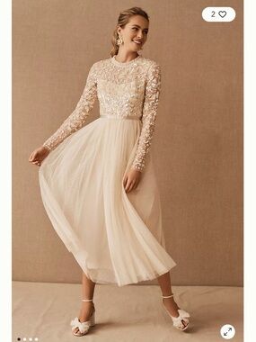 Needle & Thread Cream Long-Sleeve Embellished Tulle Midi Dress, pre-owned